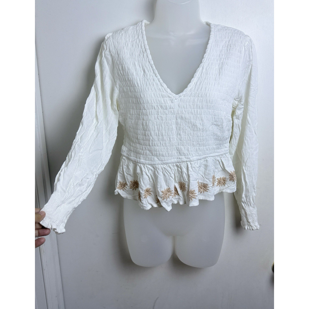 Japna Peasant Top White Brown Embroidered Flowers Size L Fairy Coquette Festival